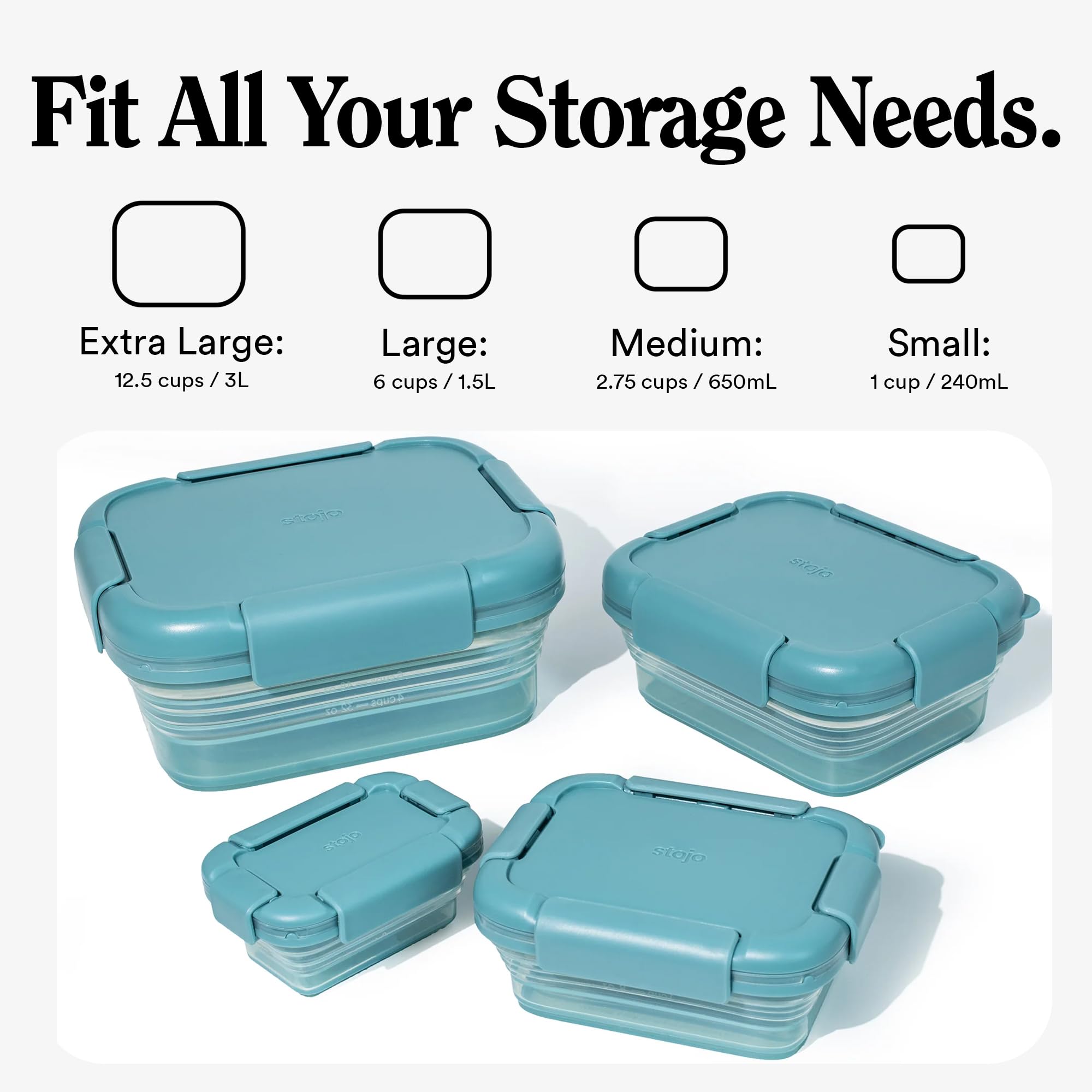 Stojo Nestable Collapsible Food Storage Container -Set of 4, Eucalyptus- Leak-Proof Airtight Seal Made With Food Grade Silicone For Meal Prep, Lunch Box, Pantry Organizer - Microwave & Dishwasher Safe
