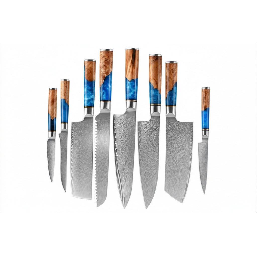 The Epicurean Cook Real Forged Damascus 8pc Japanese-Style Knife Set Blue