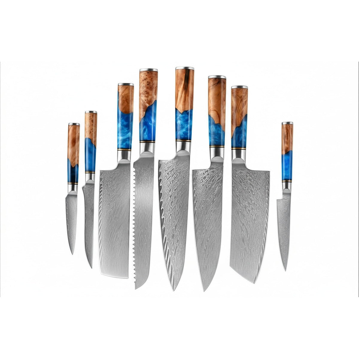 The Epicurean Cook Real Forged Damascus 8pc Japanese-Style Knife Set Blue
