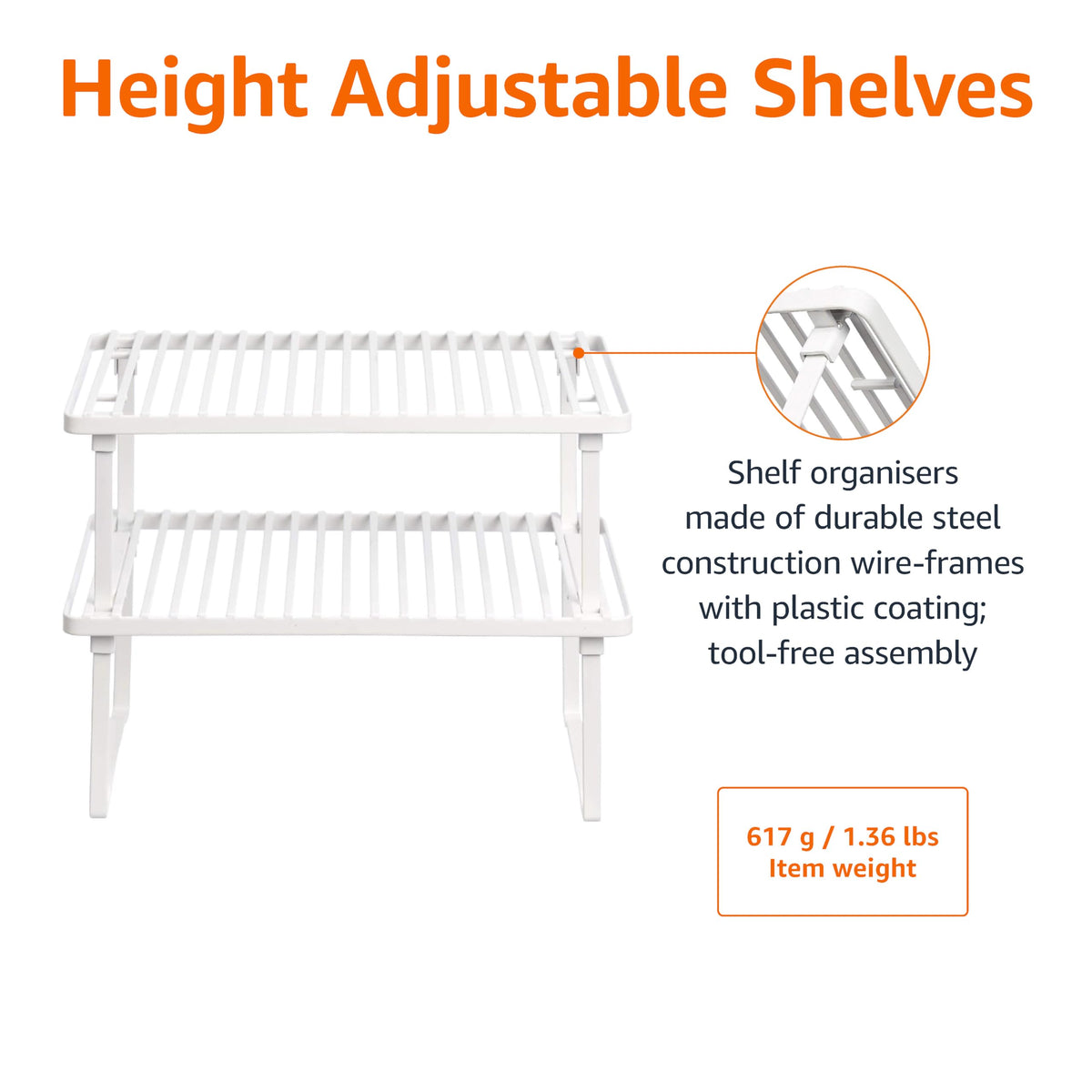 Amazon Basics Space-Saving Stackable Metal Kitchen Cabinet Organizer Shelves for Dishes, Pantry Organization, 12.5" L x 8" D x 4.5" H, Set of 2, White