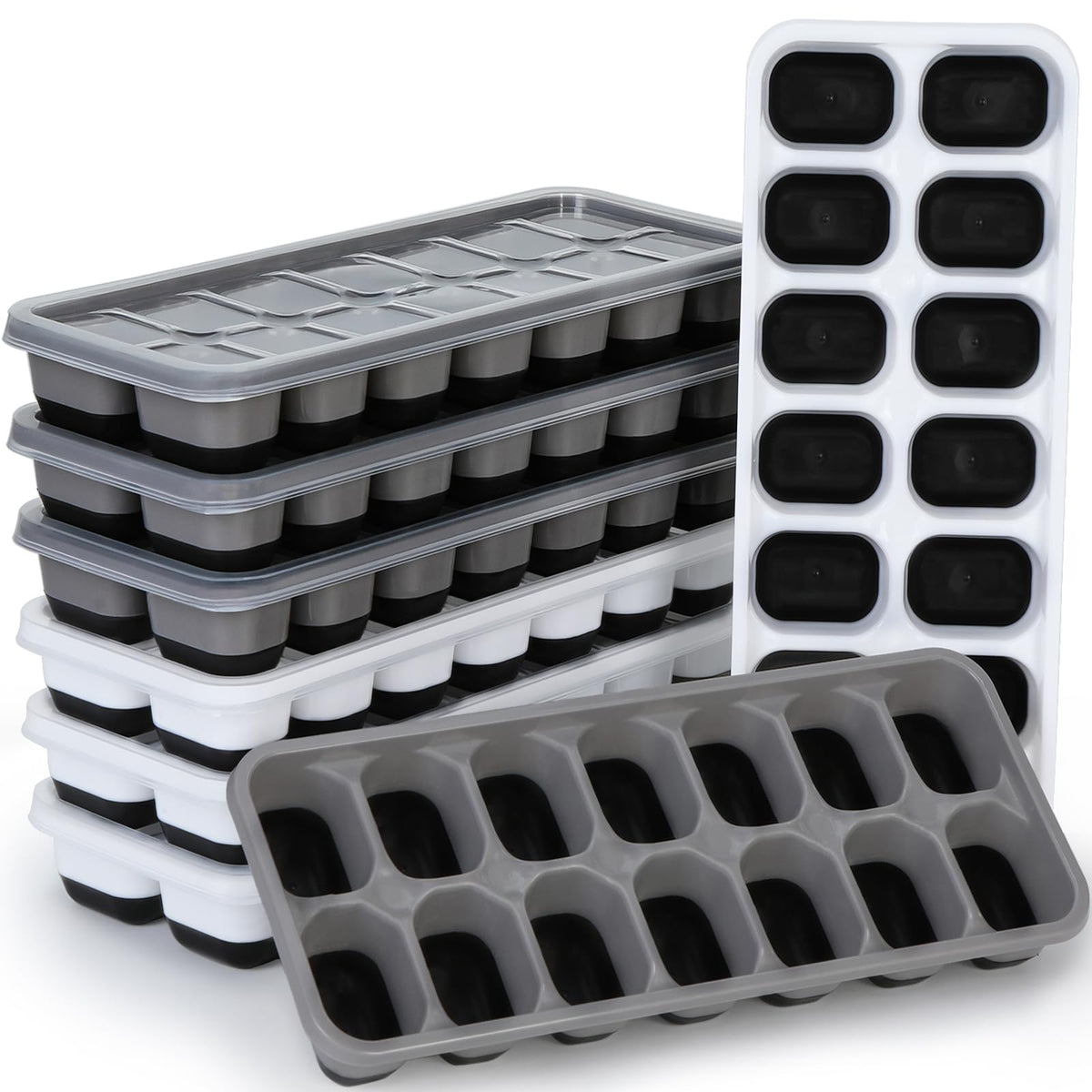 Silicone Ice Cube Tray, 8 Pack Easy-Release & Flexible 14-Ice Cube Trays with Spill-Resistant Removable Lid, Stackable Ice Trays with Covers for Freezer, Cocktail (4 Black+ 4 Grey)