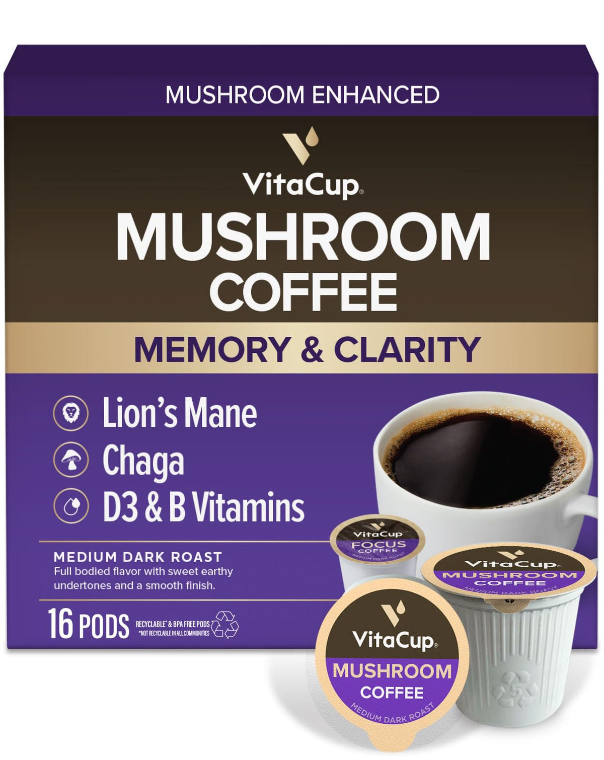 VitaCup Mushroom Coffee Pods, with Lions Mane for Memory & Clarity, 16ct