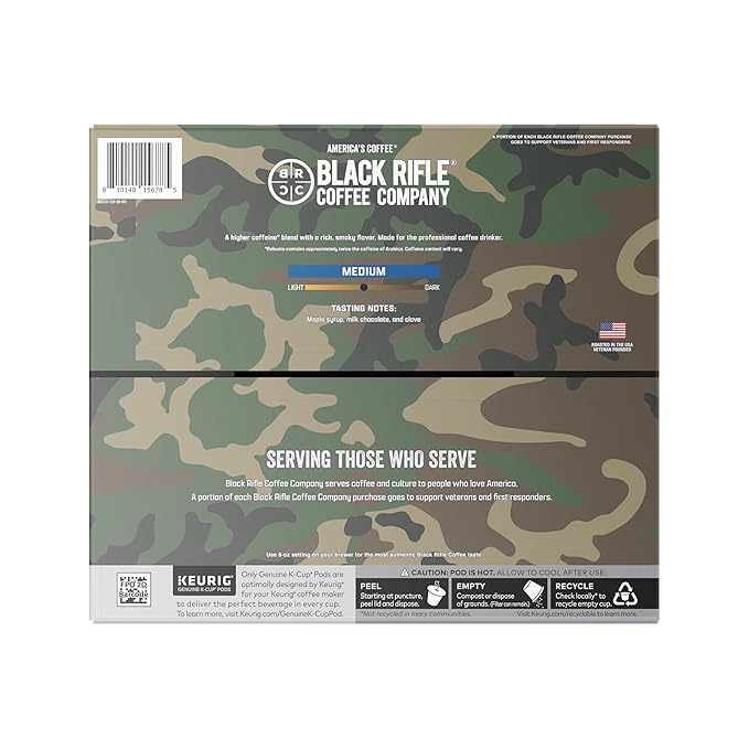 Black Rifle Coffee Company CAF, 50 Count, Medium Roast K Cups - Single Serve K Cups Coffee Pods - Kcup Pods Compatible with Keurig 1.0 & 2.0 - Made from Arabica Beans