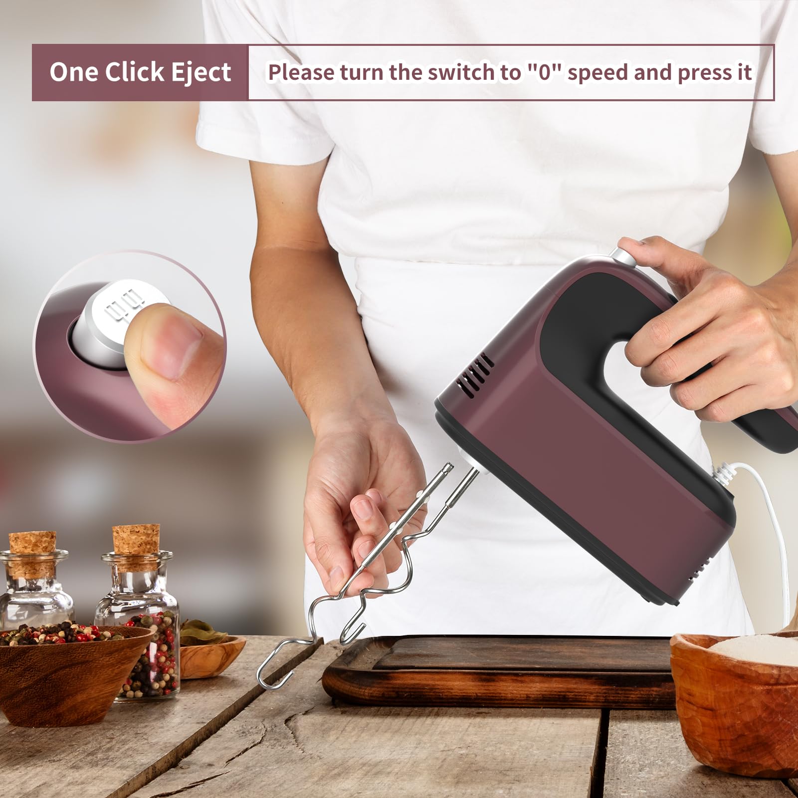Yomelo 9-Speed Digital Hand Mixer Electric, 400W Powerful DC Motor, Hand Mixer Electric Handheld with Snap-On Storage Case, 5 Stainless Steel Accessories, Beaters, Dough Hooks, Whisk(Grape Purple)