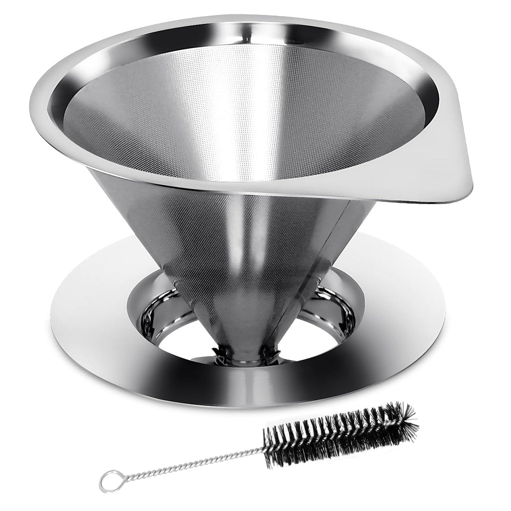 LHS Pour Over Coffee Dripper Stainless Steel Coffee Filter Metal Cone Filter Paperless Reusable Coffee Filter Single Cup Coffee Maker 1-4 Cup With Non-slip Cup Stand and Cleaning Brush