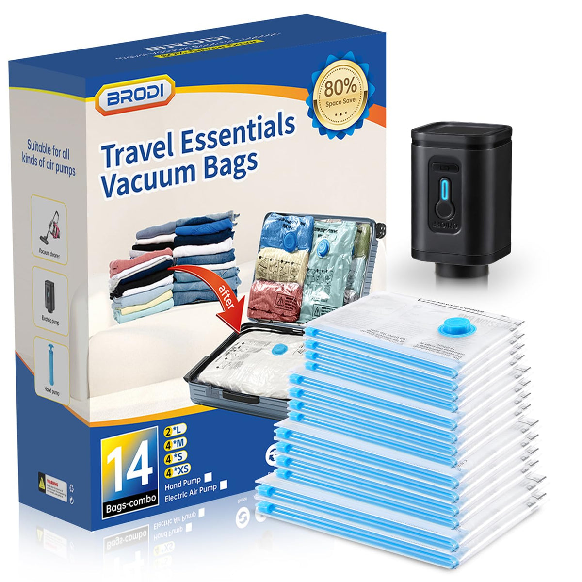 BRODI 18 Combo Pack Travel Vacuum Bags with Pump - Space Saver & Travel Essentials, Clothing & Luggage Vacuum Seal Bags