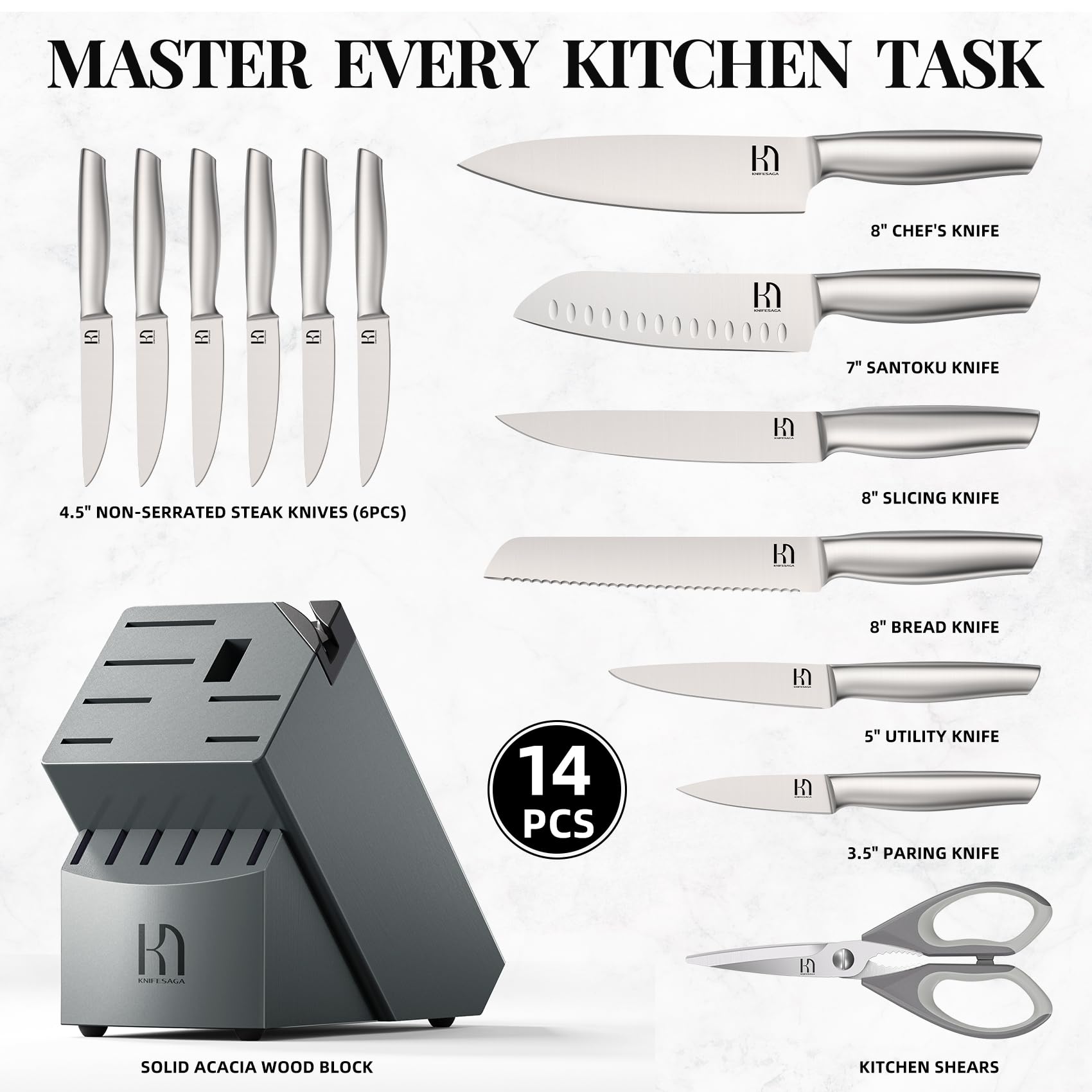 KnifeSaga 14 Pcs Kitchen Knife Set, Premium, Razor Sharp, Japanese Steel