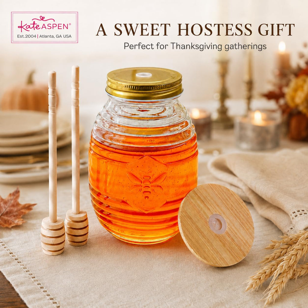 Kate Aspen 24oz. Bee Hive Shaped Honey Glass Mason Jar with Two Wooden Honey Dippers, Bamboo & Metal Lid, Kitchen Decor, Bumblebee Baby Shower Prize, Take Home Gift, Bee Decorations