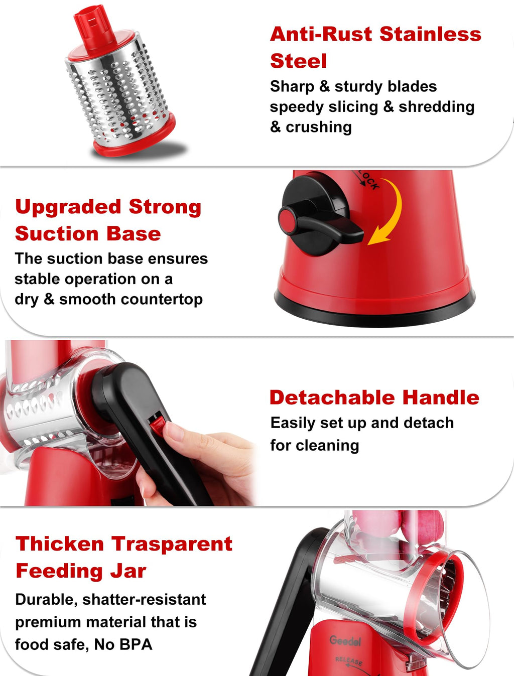 Geedel Rotary Cheese Grater Hand Crank, Cheese Shredder Vegetable Slicer