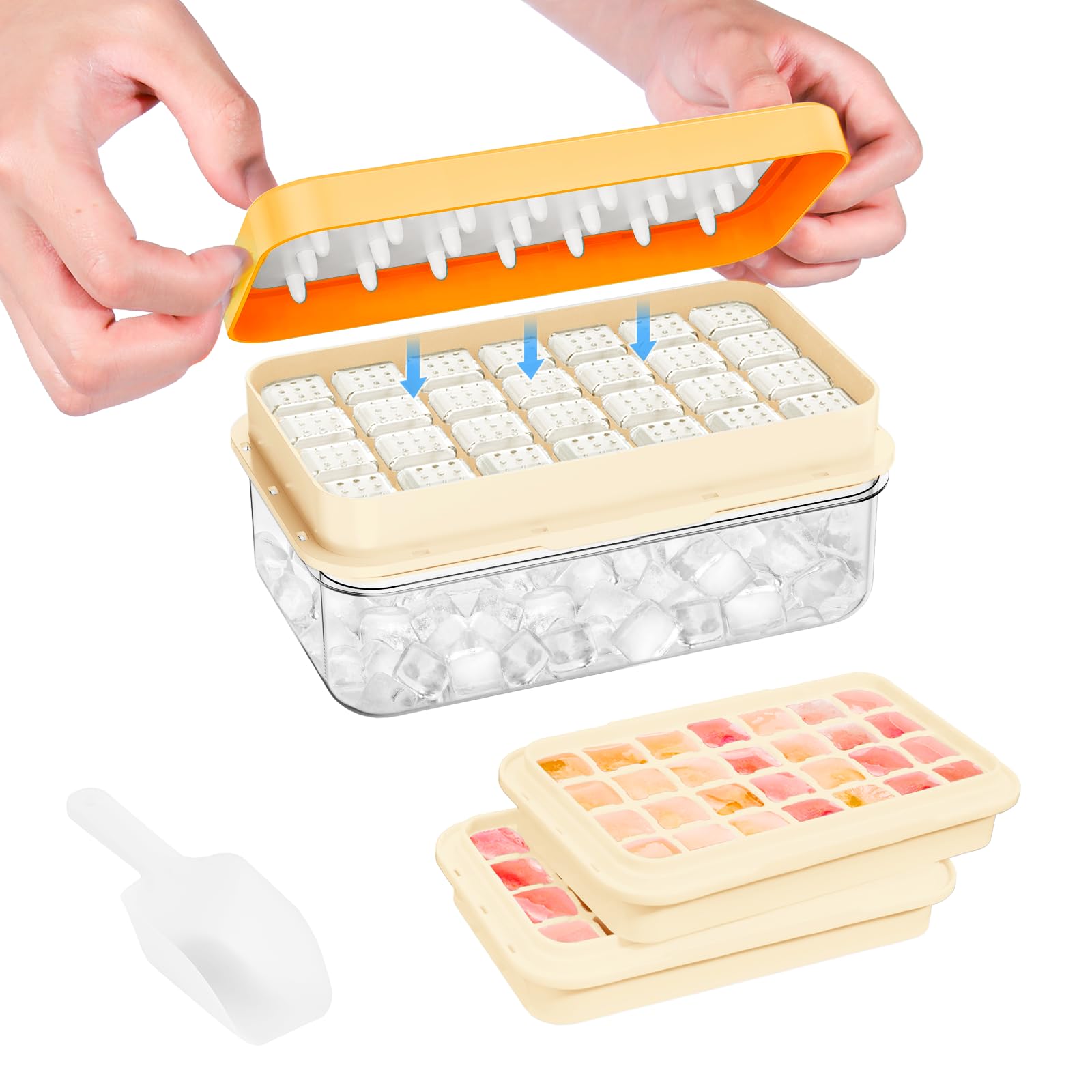 0.8“ Ice Cube Tray with Lid and Bin, PHINOX 56 Cubes Ice Trays for Freezer, Ice Cube Trays for Freezer with 2 trays, Container, Lid & Ice Scoop, BPA Free, Yellow(28Cubes/Tier)