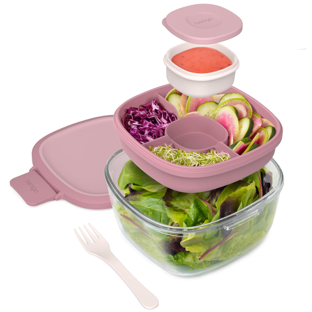 Bentgo Glass Salad Container with Airtight Lid & Leak-Proof Sauce Cup