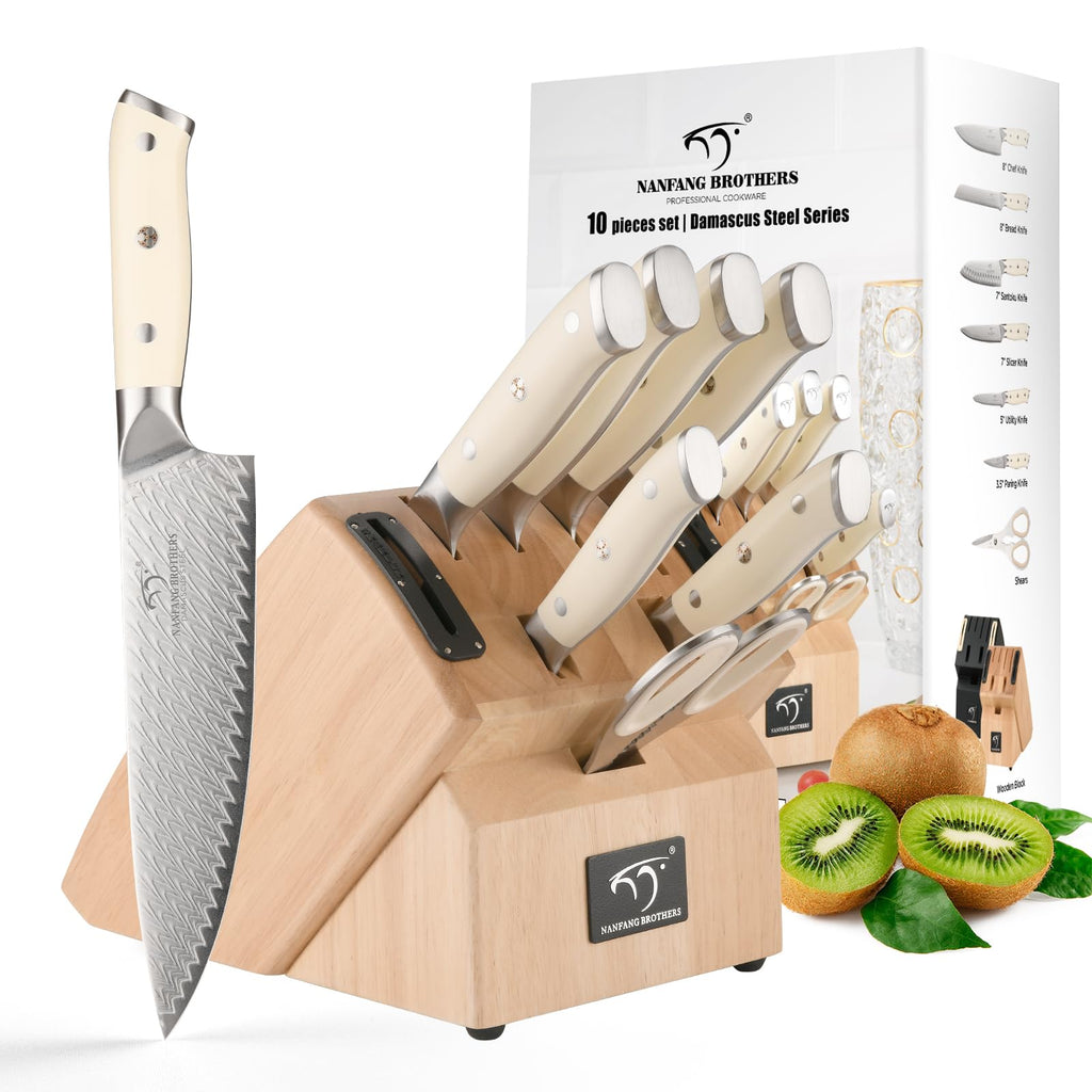 NANFANG BROTHERS® 10-Piece VG10 Damascus Knife Set, Rubberwood Block