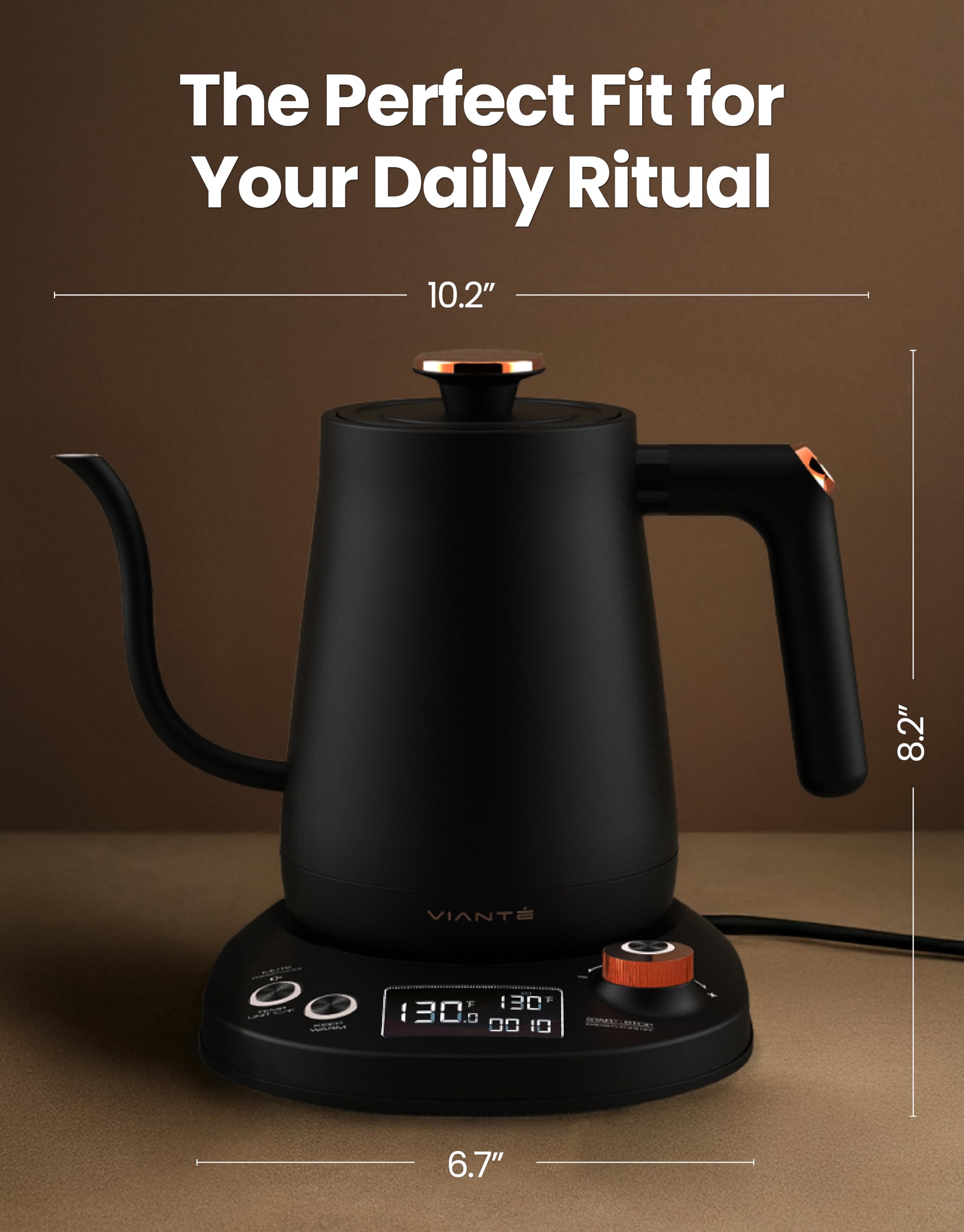 Viante Electric Gooseneck Kettle 0.8L, Pour Over Coffee & Tea, Temp Control