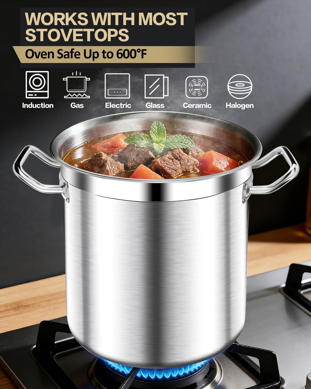 STOCKPOT Extra-Large Stainless Steel Stock Pot – Commercial Heavy Duty Soup Pot with Lid, 3-Ply Base for Fast Heating, Ideal for Seafood Boils and Outdoor Cooking - 100 Quart