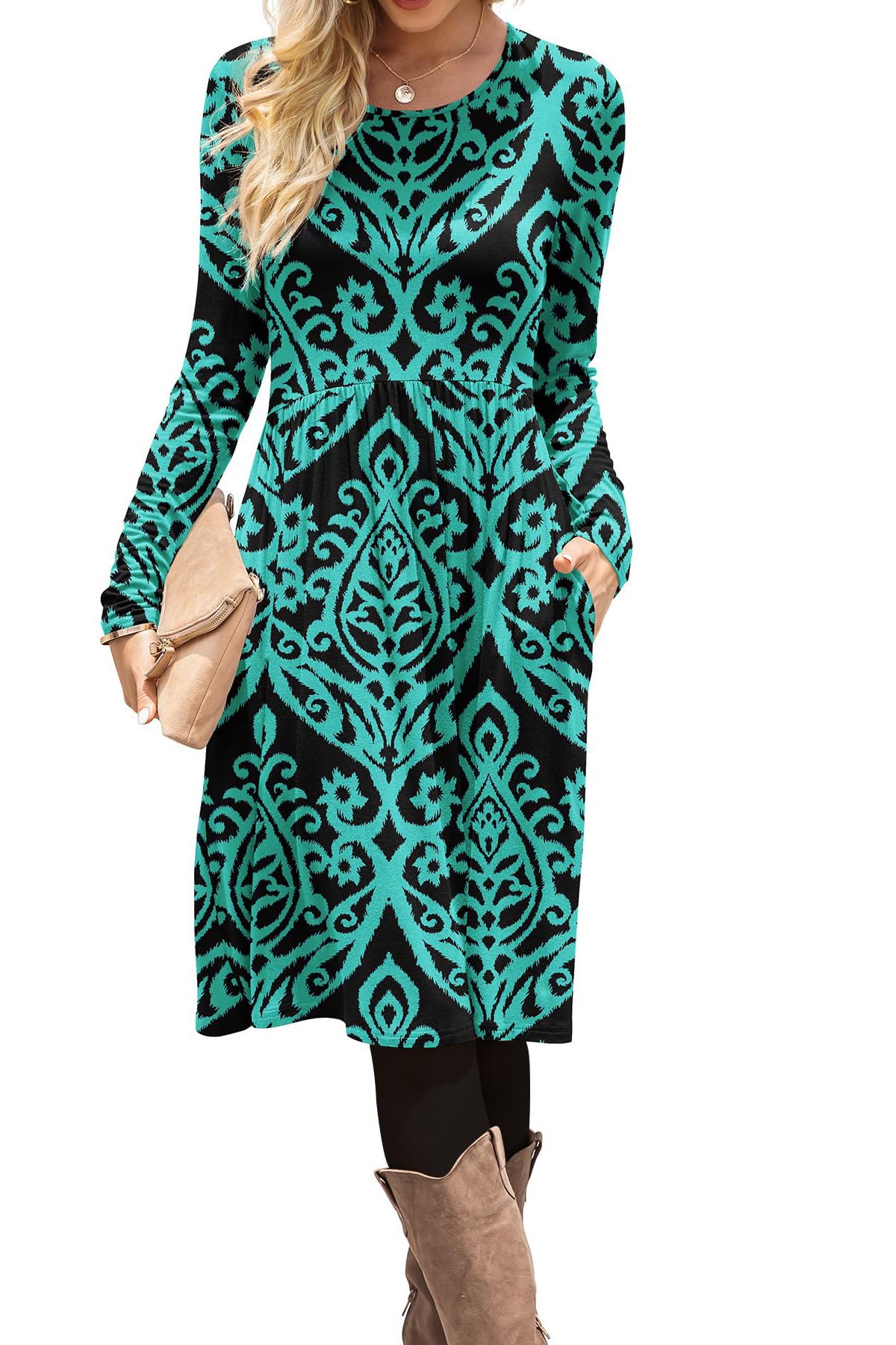 DB MOON 2026 Women Casual Long Sleeve Fall Dresses Empire Waist Knee Length Loose Dress with Pockets (Red Plaid, S)