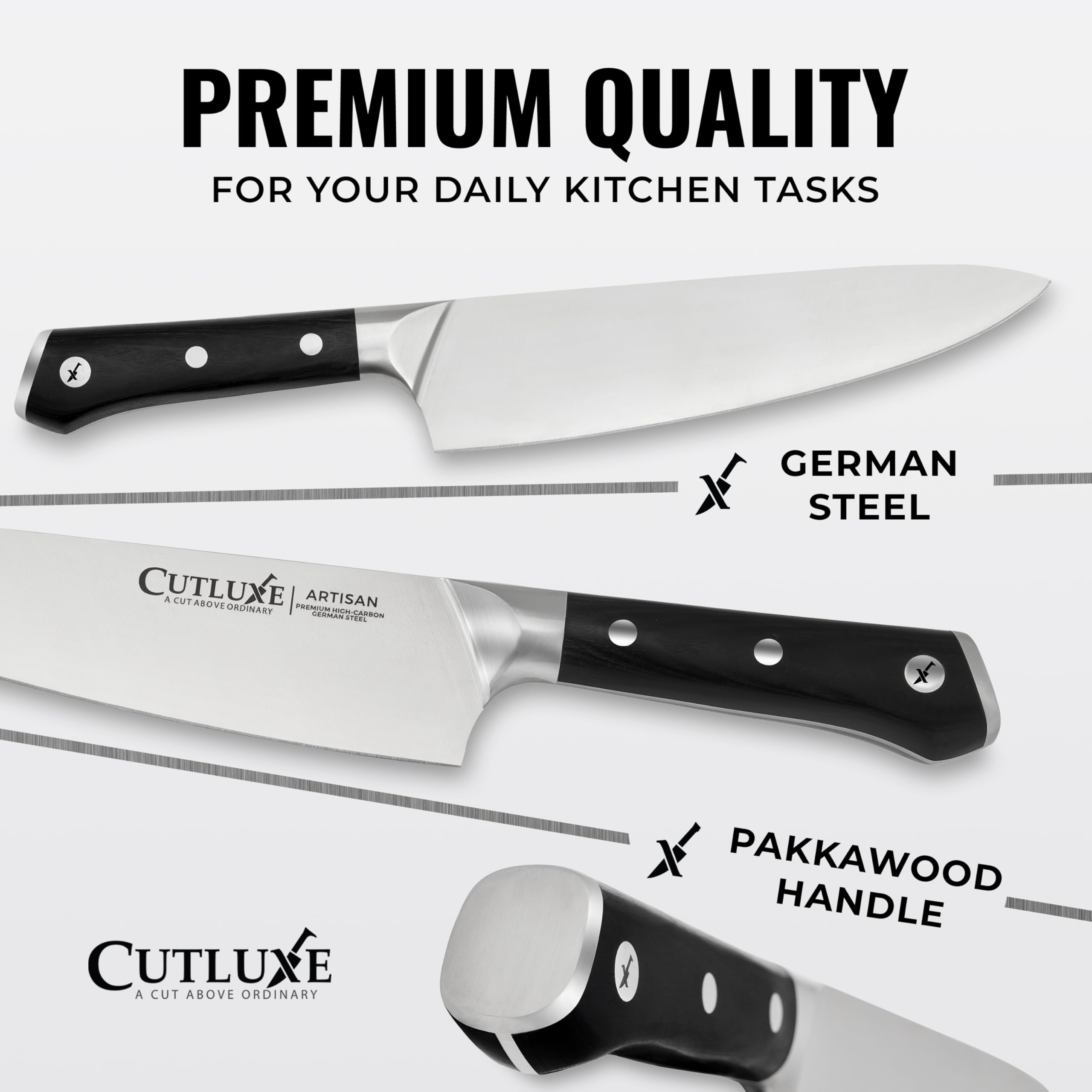 Cutluxe 15-Piece Knife Set for Kitchen – Rubberwood Block, German Steel