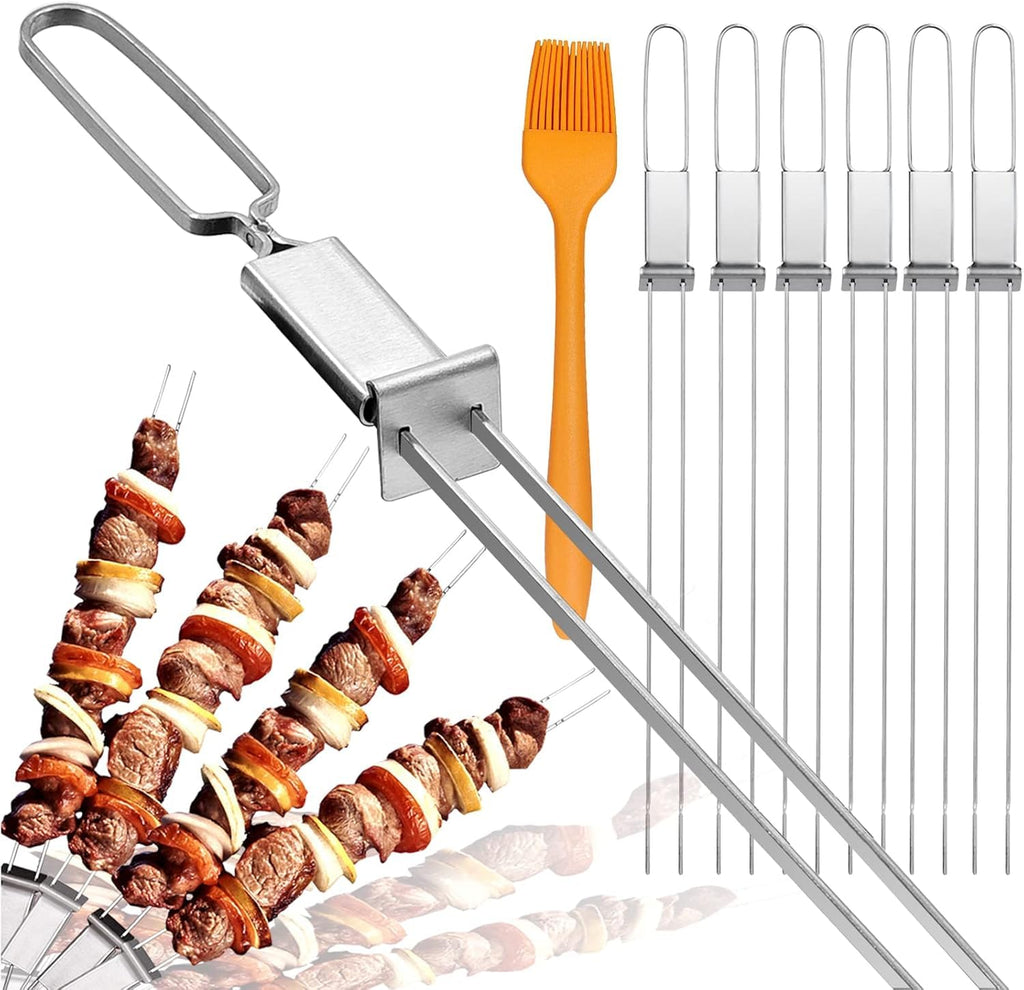 Metal Skewers, 17"（10PCS), Double Pronged Flat Stainless Steel with Slider