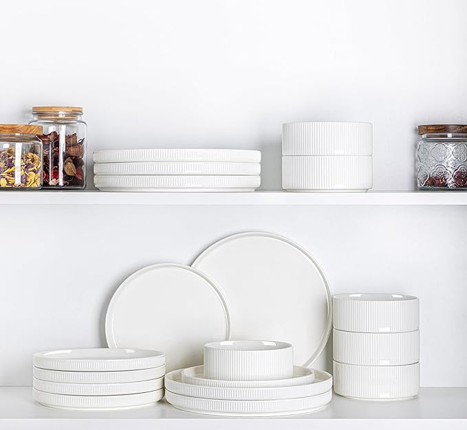 TheTerra Ceramic Dinnerware Sets for 4, 12 Pieces Porcelain Lightweight Plates and Bowls Sets, Scratch Resistant Dish Set, Oven & Microwave & Dishwasher Safe, Bright White