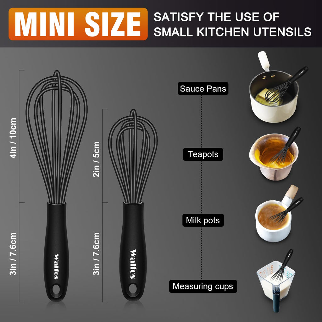 Walfos Whisk 5+7in Mini Whisk,Silicone Whisks Non Scratch Heat Resistant (480°F). Nice for stirring individual eggs and mixing small amounts of powder and sauce.Dishwasher Safe.Black