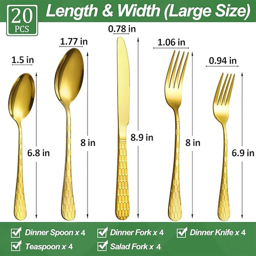 20 Pcs Gold Silverware Set for 4, Food Grade Stainless Steel Flatware Set, Eating Utensils Sets Include Fork/Knife/Spoon, Reusable Cutlery Set for Home Kitchen, Dishwasher Safe, Round Hammered