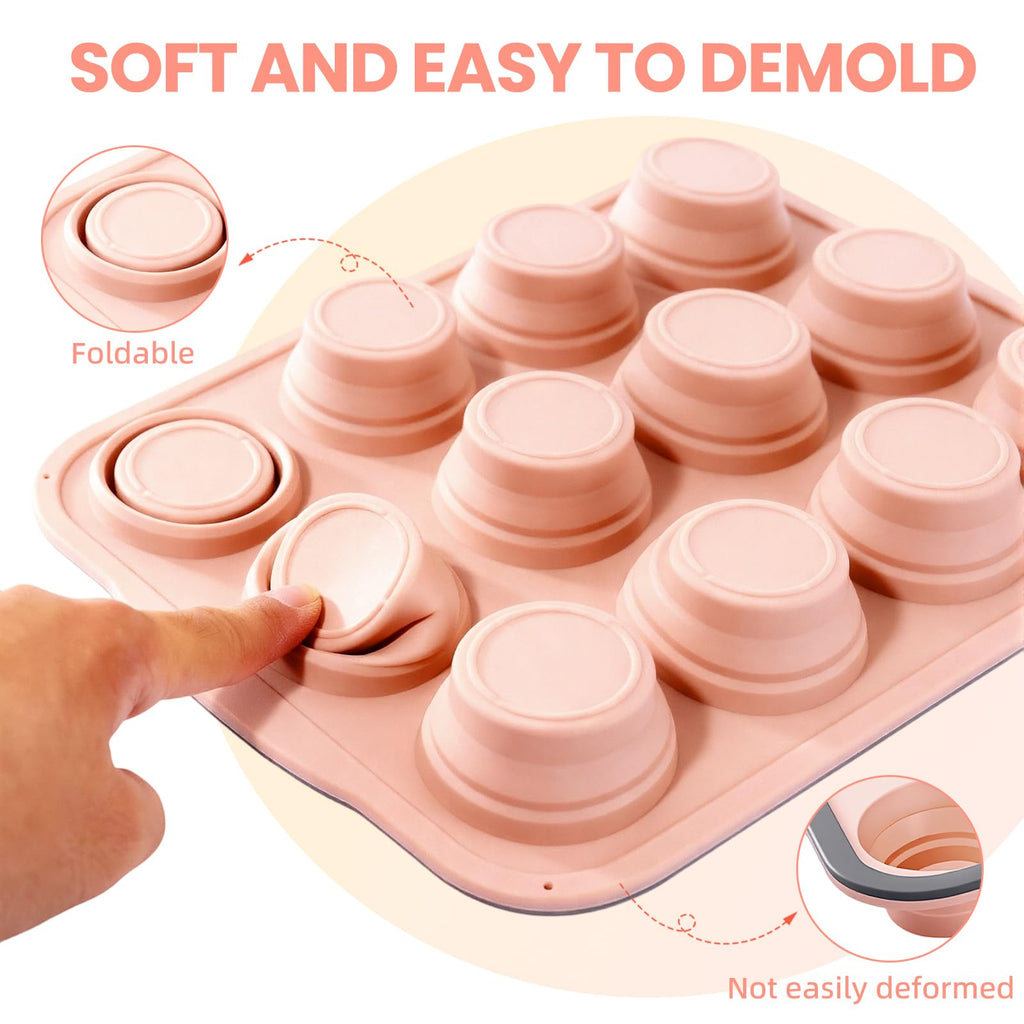 BHNJUTM 12-Cup Silicone Muffin Pan for Baking - Premium Nonstick Muffin Tin with Metal Reinforced Frame, Easy to Clean Silicone Cupcake Molds, Dishwasher & Oven Safe BPA Free (one pink)