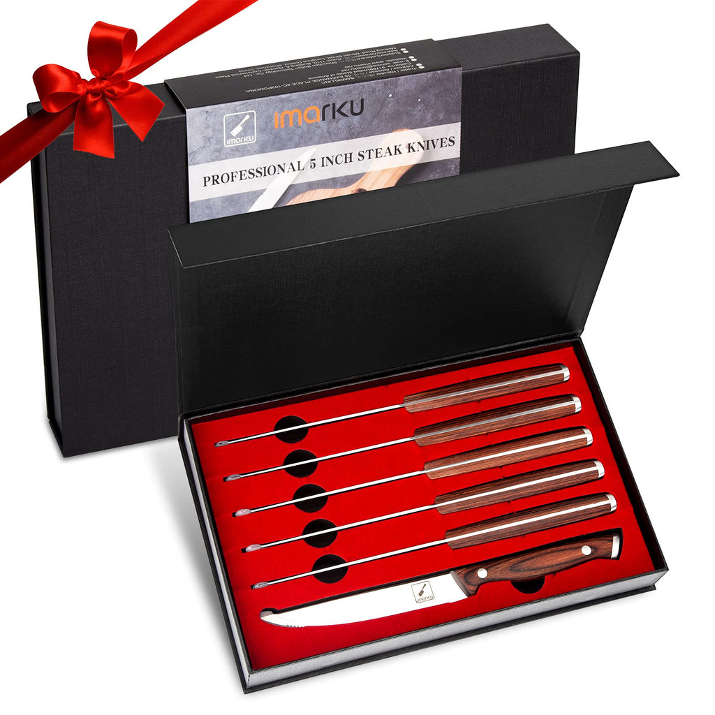 imarku Steak Knives Set of 6, Japanese HC Steel, 5" Serrated, Gift Box