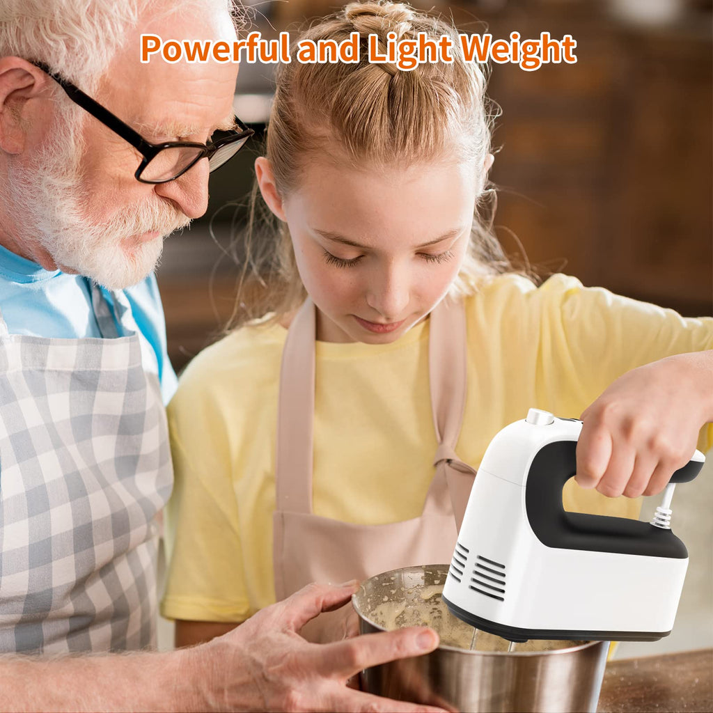 Yomelo 9-Speed Digital Hand Mixer Electric, 400W Powerful DC Motor, Hand Mixer Electric Handheld with Snap-On Storage Case, 5 Stainless Steel Accessories, Beaters, Dough Hooks, Whisk(White/Black)