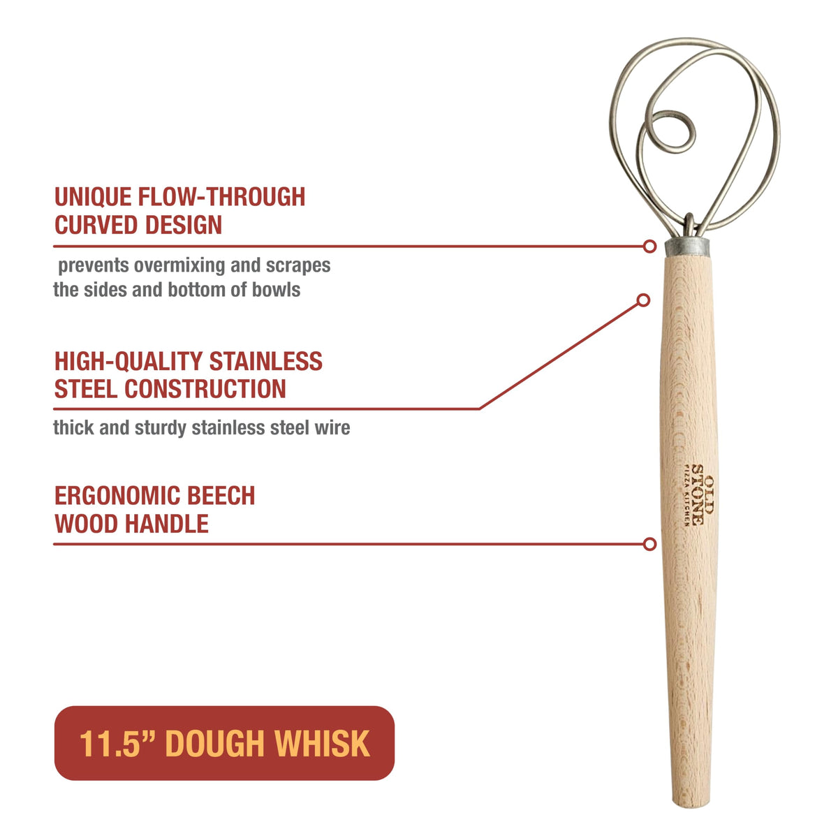 Old Stone Danish Dough Whisk for Bread Baking, Sourdough, and Pizza Dough, Dutch Whisk, Made in Poland, 11.5-Inch