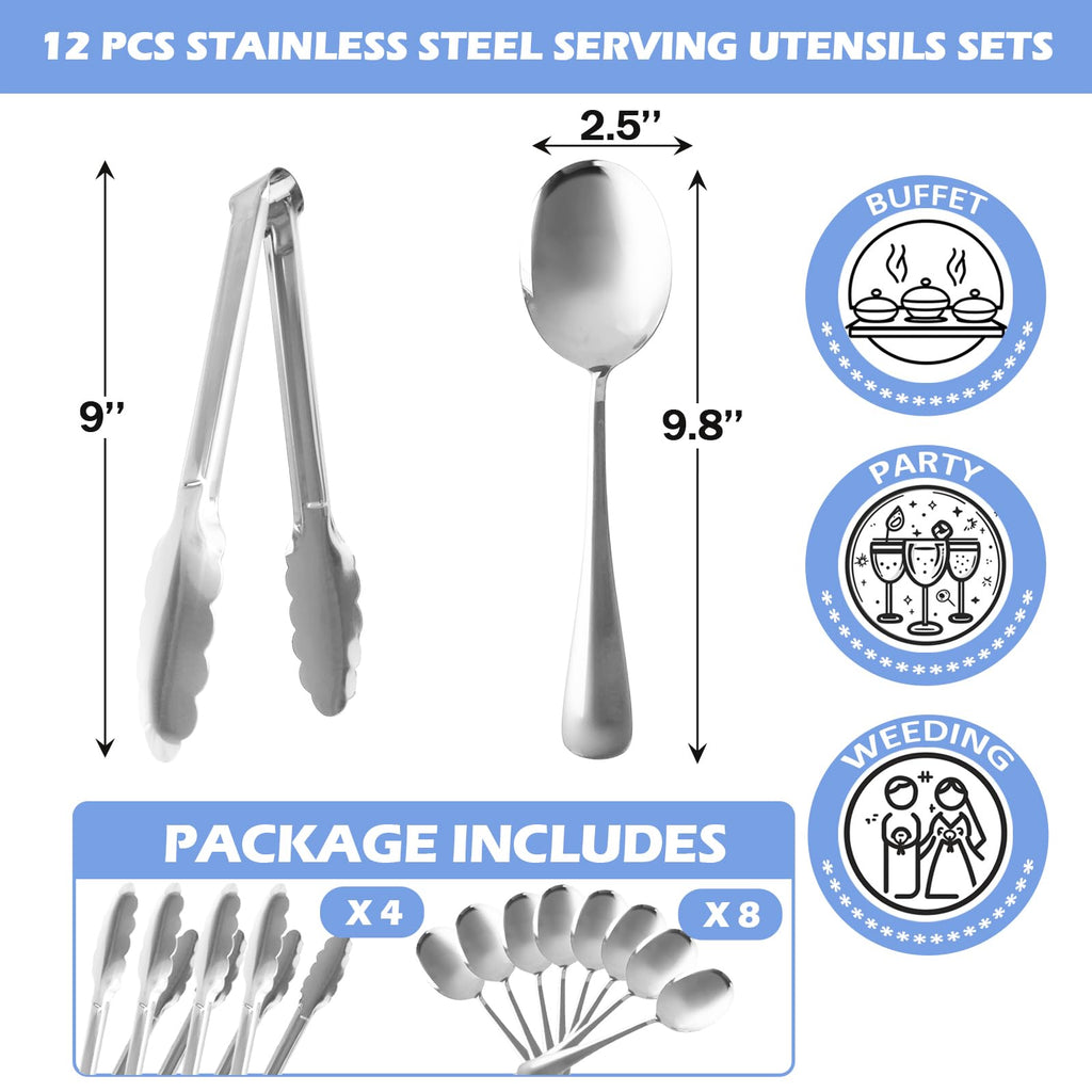 12PCS Stainless Steel Serving Utensils Sets with 8 Large Serving Spoons,4 Serving Tongs,Silver Serving Utensills Sets for Buffet Catering Banquet Party (Silver)