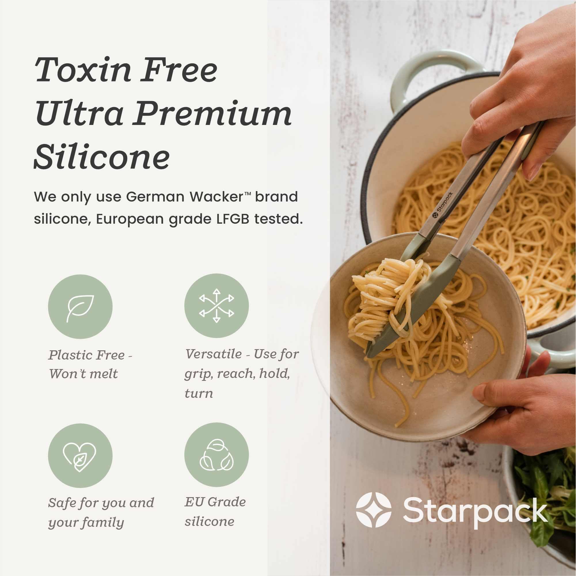 Starpack Get a Grip Silicone Kitchen Tongs (12 Inch) - LFGB Non Toxic, 600°F Heat Resistant, BPA-Free - Heavy-Duty Stainless Steel, Locking - Dishwasher Safe for Nonstick Cookware