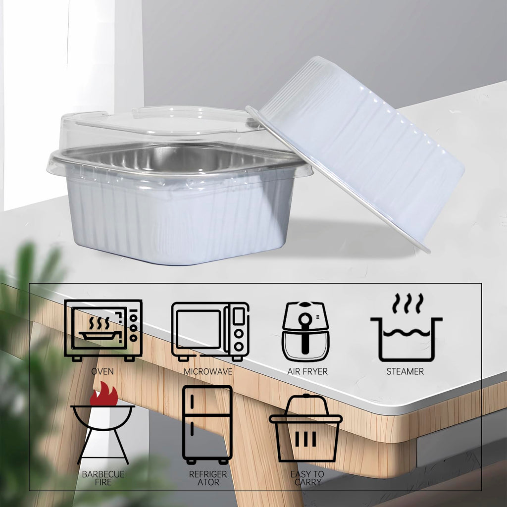 50 Pcs Mini Square Baking Cups with Lids,5oz Aluminum Foil Mini Cake Pans with Lids,Disposable Ramekins Cake Pans,150ml Dessert Cups Cupcake Pans for Wedding Birthday Party,White