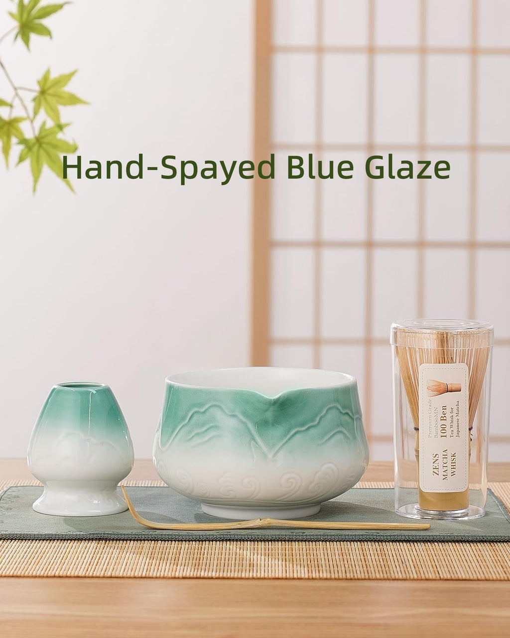 ZENS Matcha Whisk Set, 5pcs Matcha Kit Set Includes Ceramic Bowl, Bamboo Whisk and Chasen Holder, Scoop & Tea Mat for Matcha Ceremony, Blue
