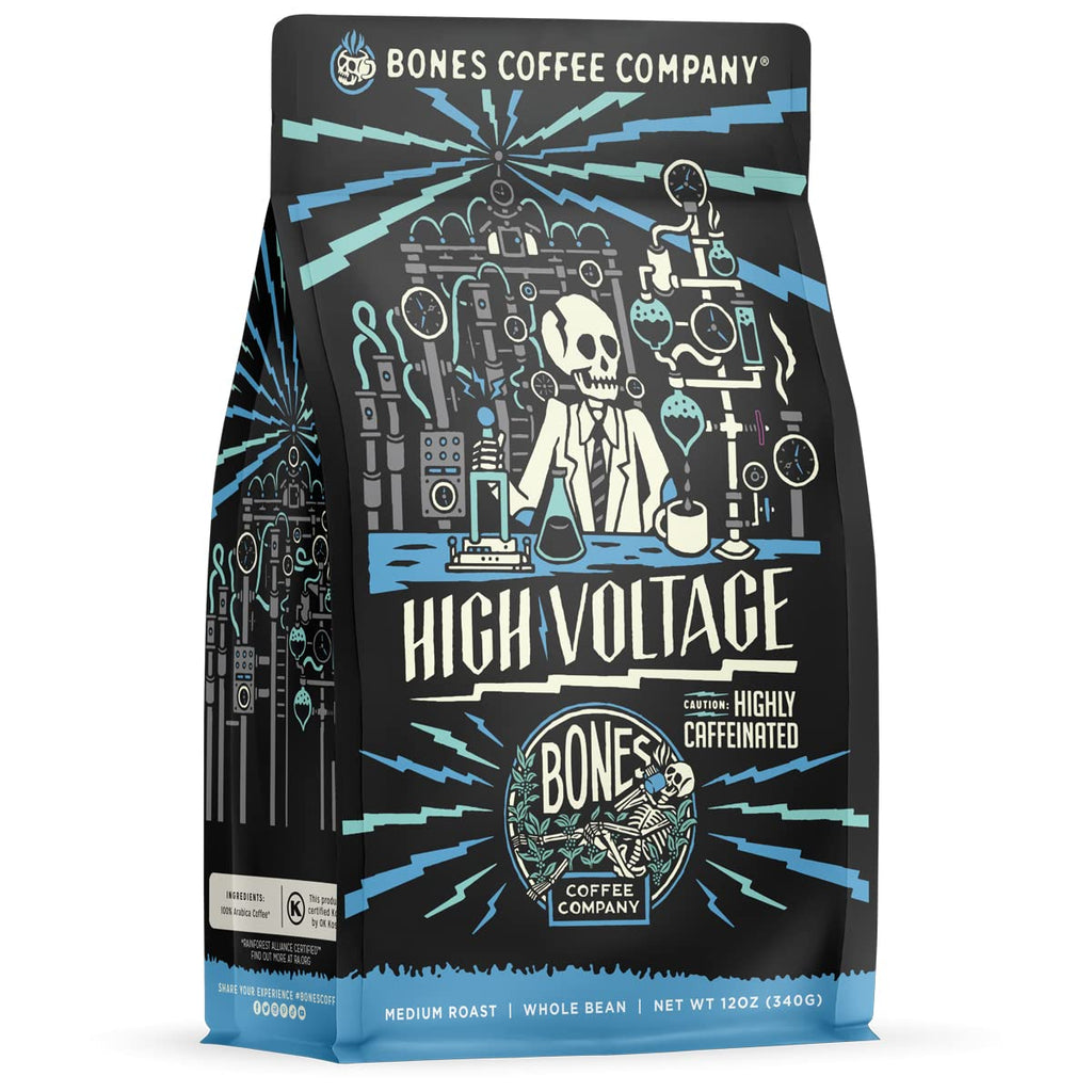 Bones Coffee Company High Voltage, Highly Caffeinated Unflavored Coffee, Medium Roast Low Acid Arabica Beans Compatible with Auto drip and French Press Coffee Maker, 12 Oz Whole Bean