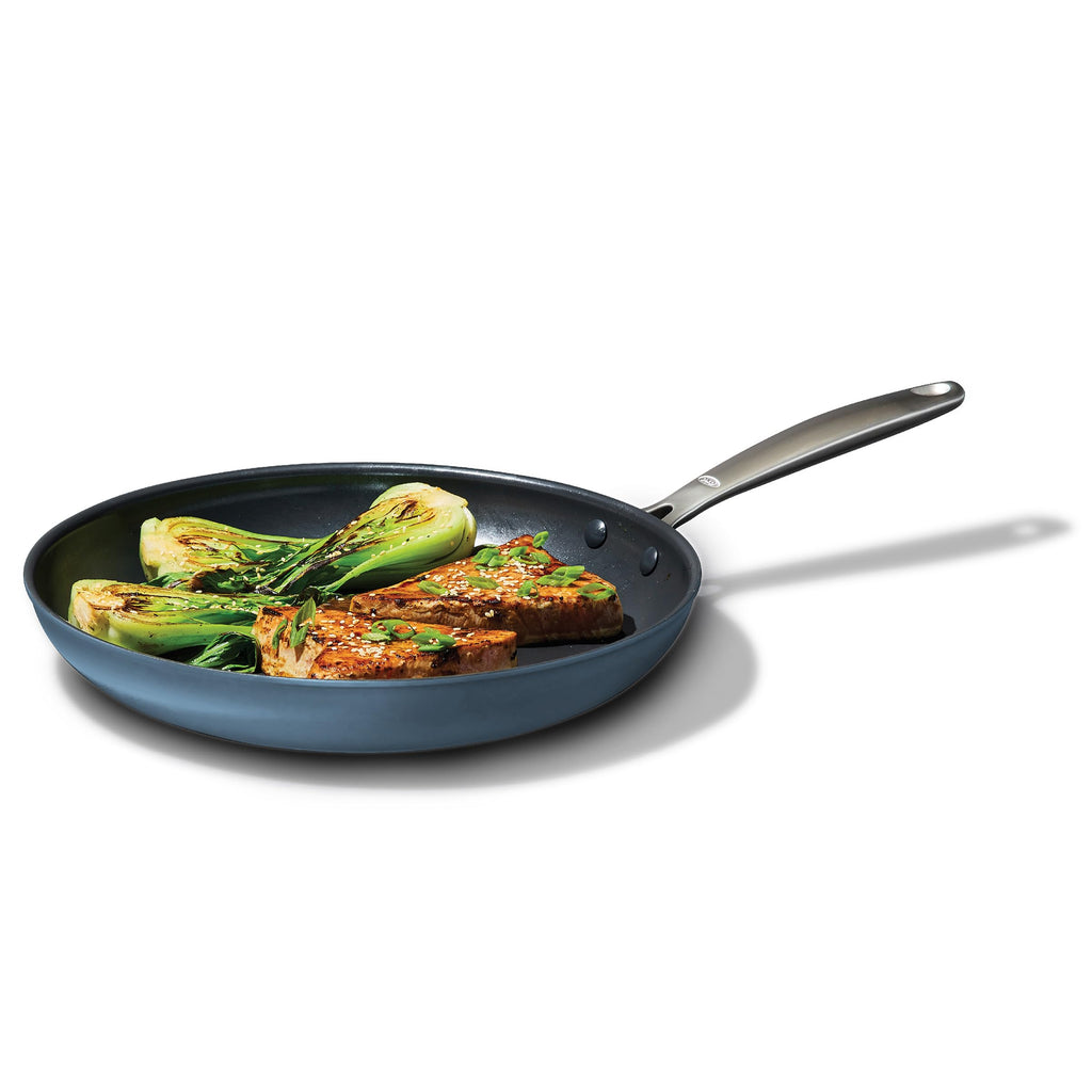 OXO Enhanced 12” Nonstick Frying Pan Skillet, Ceramic PFAS-Free Cookware, Stainless Steel Handle, Eggs & Omelets, Dishwasher & Oven Safe, Biscuit Brown