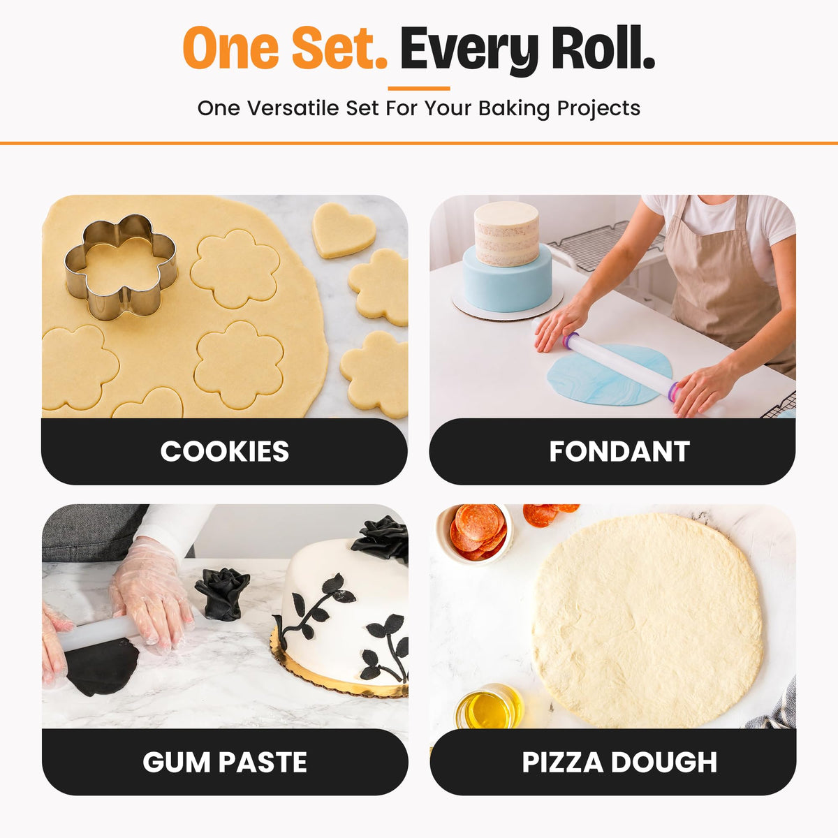 Bakerpan Fondant Roller Set - 3 Rolling Pins with Thickness Guide Rings