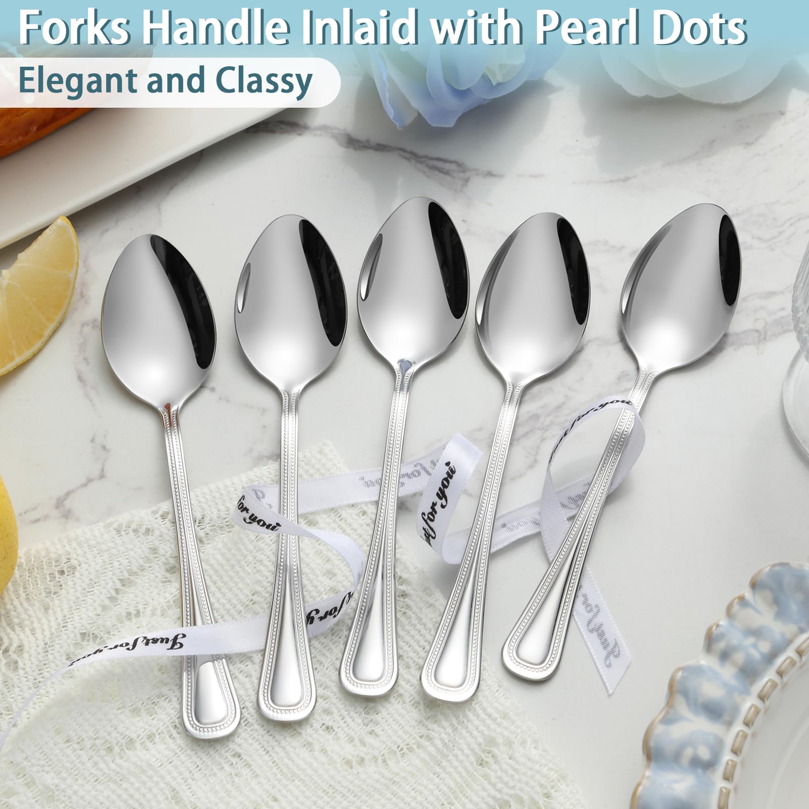 Gymdin 24 Pieces Teaspoons Set, 6.4 Inches Spoon Set, Stainless Steel Silverware, Small Spoons with Pearl Dot Design Handle, Dishwasher Safe, Tea Spoons Suitable for Home and Restaurant