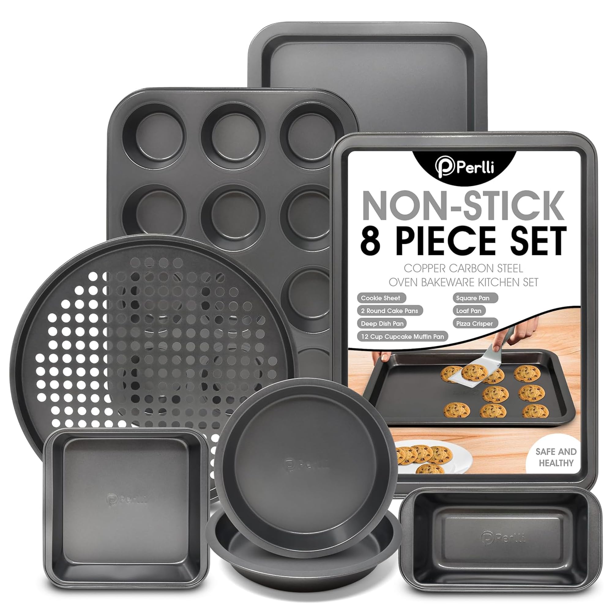 PERLLI Non-Stick 8-Piece Bakeware Set – Carbon Steel with Even Heat Distribution, Oven Safe to 446°F, BPA-Free, Dishwasher Safe, Stackable Baking Tools for Easy Storage and Everyday Cooking - Gray