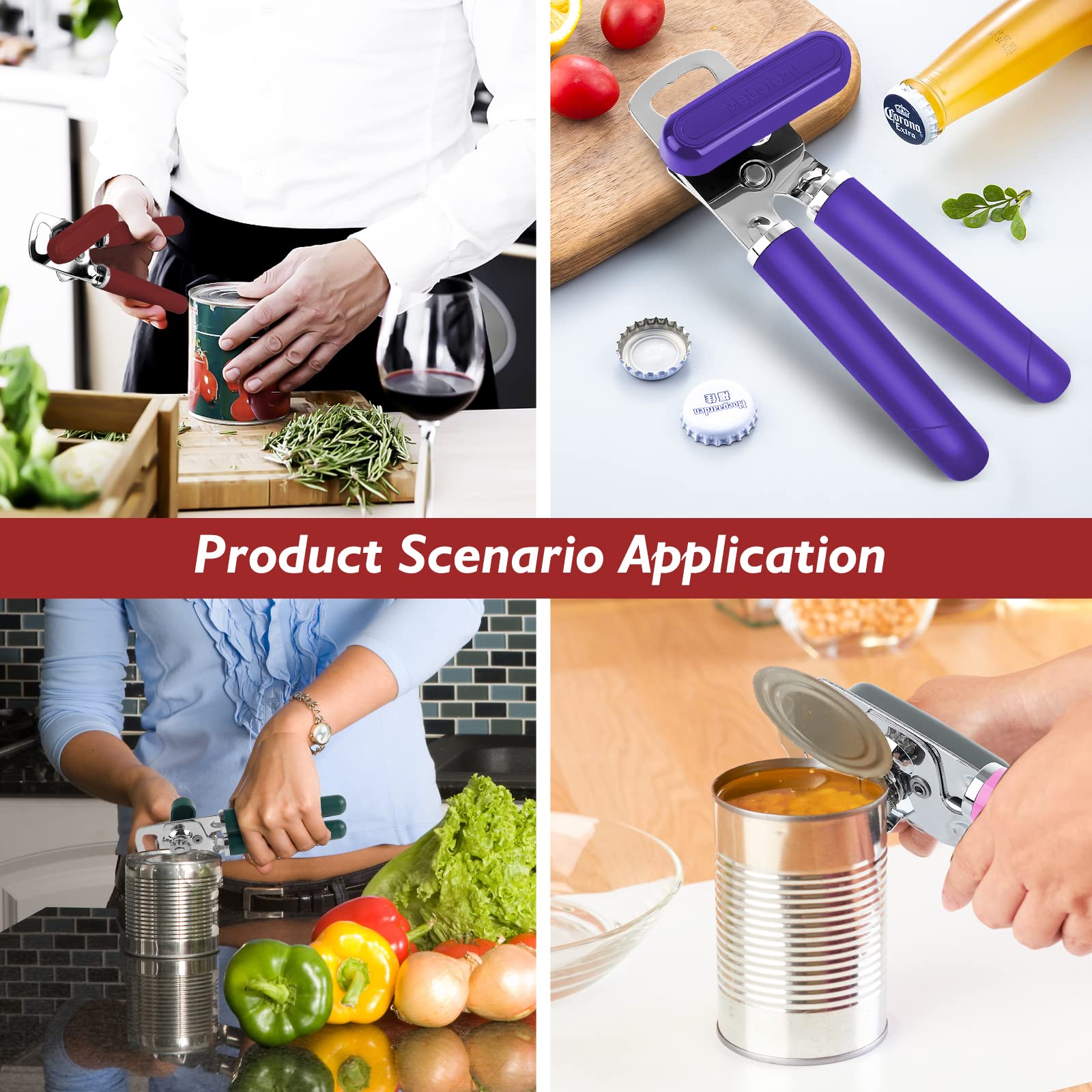 Mebotem 10 Colors Can Opener Manual Handheld Heavy Duty Hand Can Opener Smooth Edge Stainless Steel Can Openers Top Lid Kitchen Gadgets, Best Large Rated Easy Turn Knob, with Bottle Opener, Burgundy