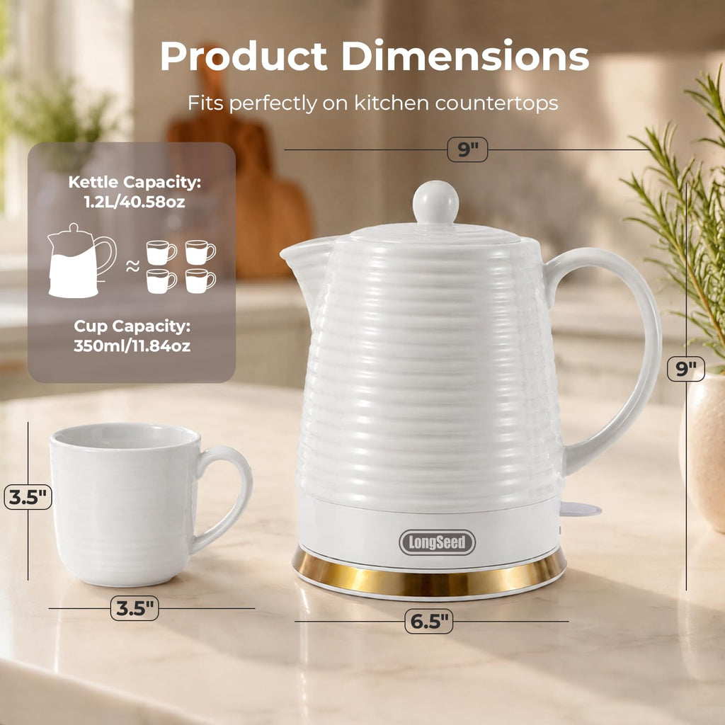 LONGSEED 1000W Ceramic Electric Kettle with 4 Mugs & Infuser, 1.2L Rapid Boil, Ideal Gift for Housewarming, Wedding, Tea Lovers, Auto Shut-Off, Boil-Dry Protection