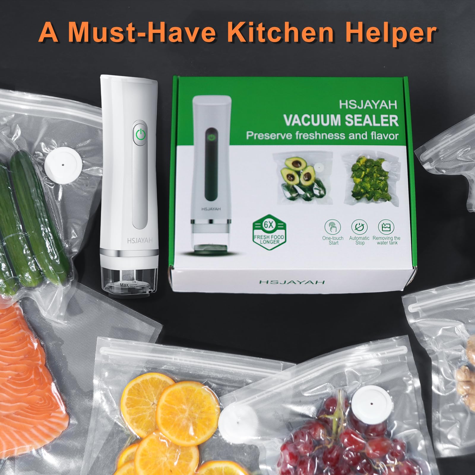 HSJAYAH Vacuum Sealer with 30 Bags, Handheld Sealer with Visible Water Tank, Portable for 6X Freshness, Sous Vide & Kitchen Storage