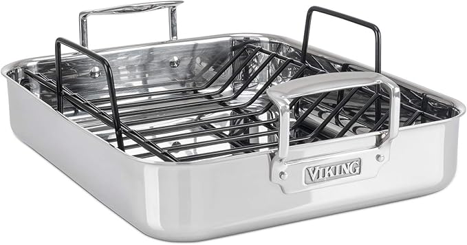 Viking 3-Ply Oval Roasting Pan, 8.5 Quart, Stainless Steel Kitchen Cookware with Metal Induction Lid and Rack, Great for Turkey, Dishwasher and Oven Safe, Silver