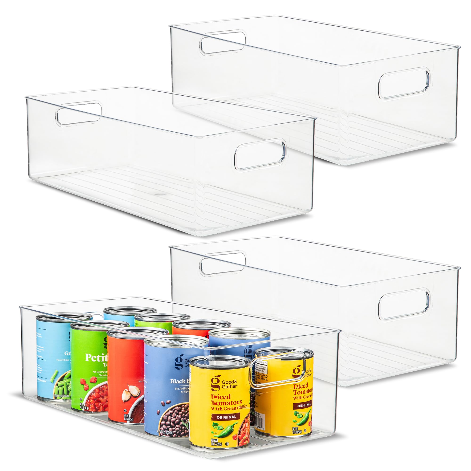 Plastic Food Storage 4 Pack Clear Container Bin with Handles for Organizing Kitchen, Pantry, Refrigerator, Freezer, Pantry, Cabinet, Closet, Bathroom. 14”x8”x5”