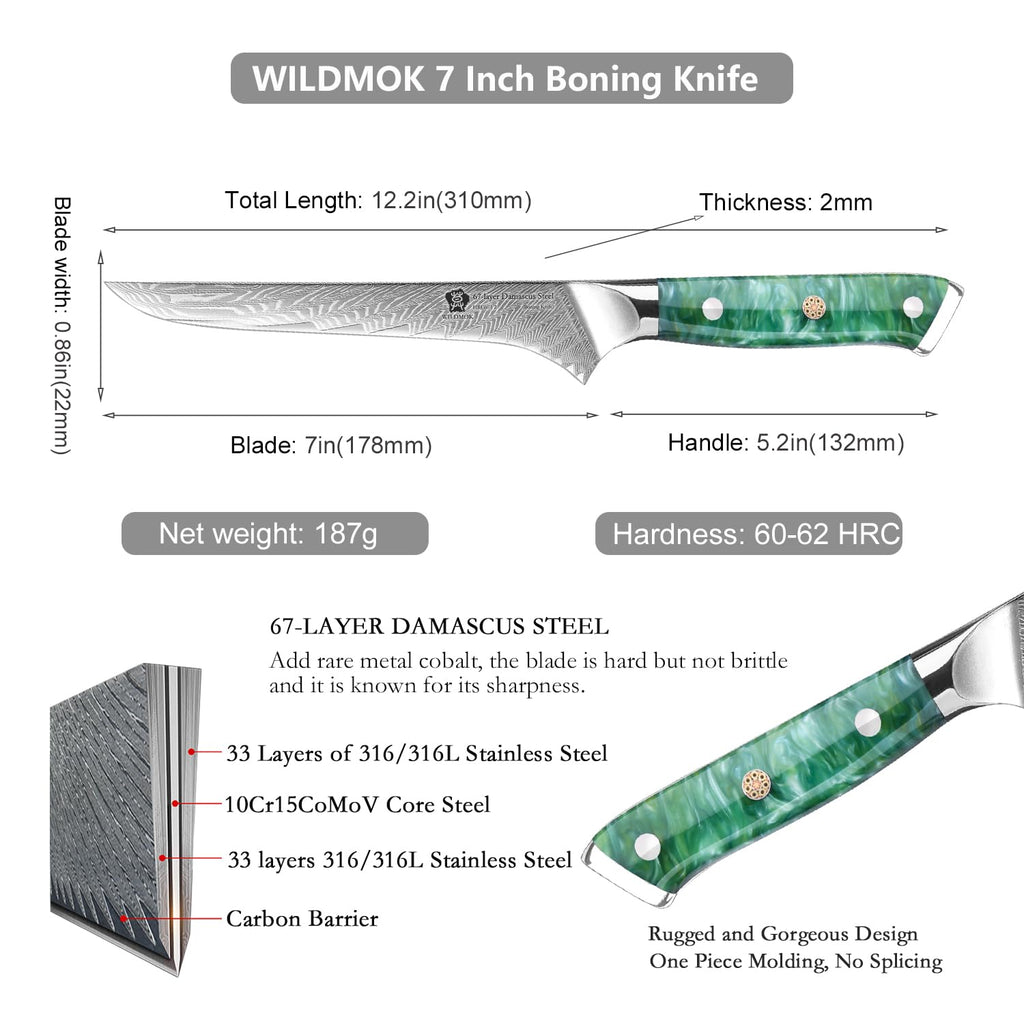 WILDMOK 7 inch Damascus Fillet Knife, Japanese Damascus Steel Boning, Carving, Deboning, Full Tang Resin Handle, Gift Box