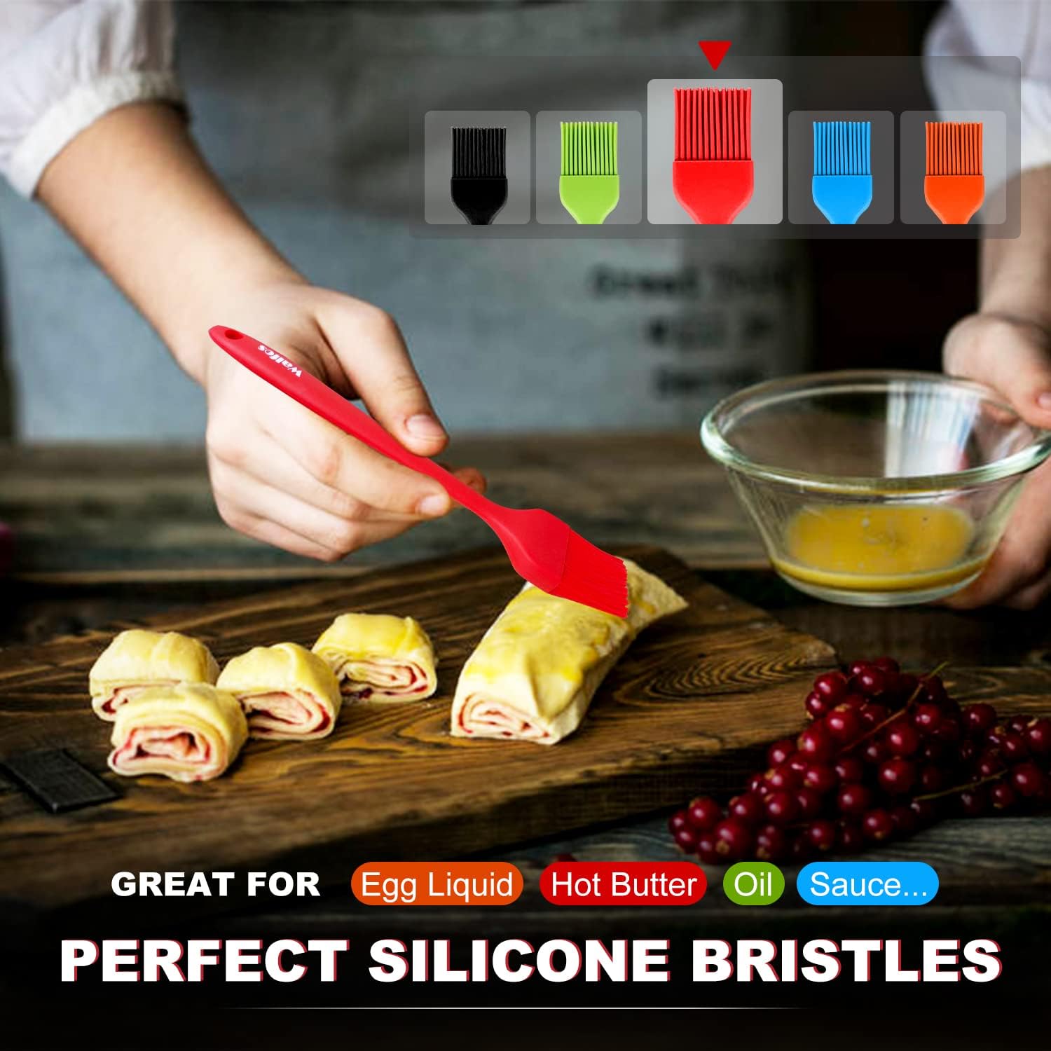 Walfos Silicone Pastry Brush, 600℉ Heat Resistasnt Basting Oil Butter Sauce Brush for Baking,BBQ Grill,Kitchen Cooking,BPA Free and Dishwasher Safe (5 Pcs)