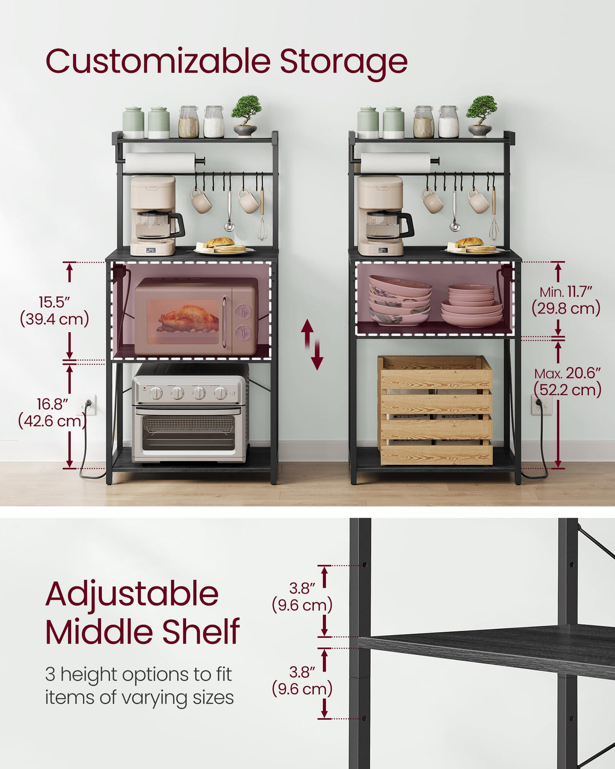 VASAGLE 4-Tier Kitchen Bakers Rack with Power Outlet, 23.6-Inch Wide