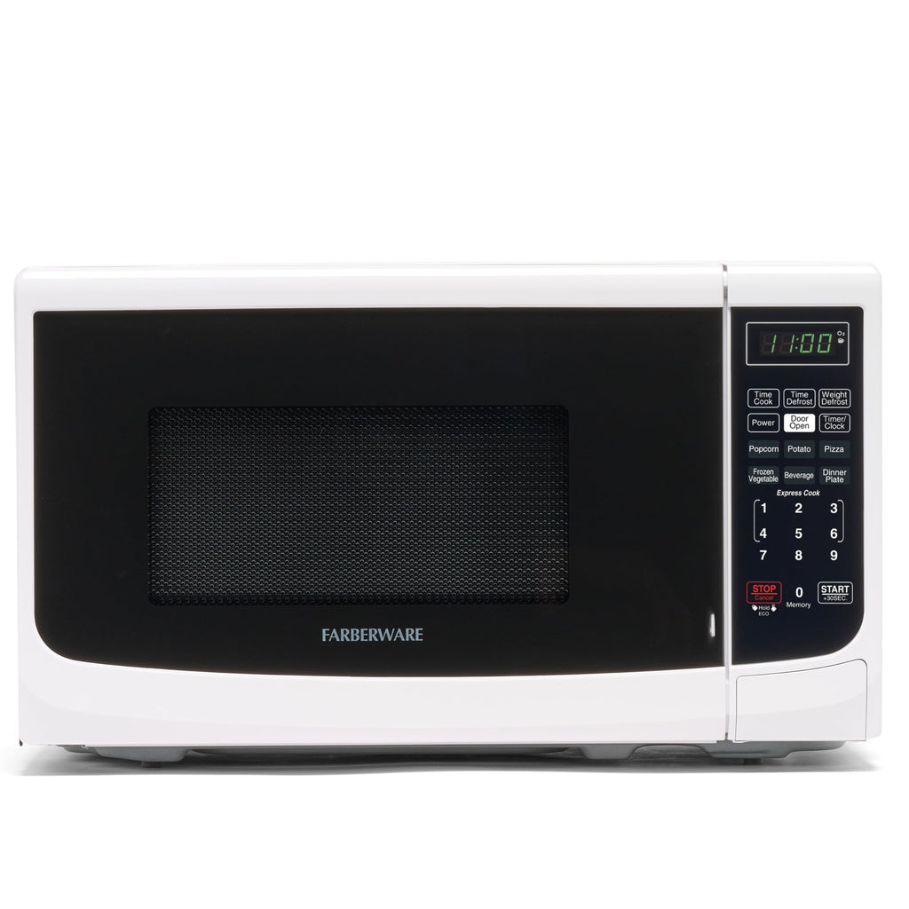 Farberware 0.7 Cu. Ft. Countertop Microwave Oven – 700 Watts Power, Auto Cook Settings, Defrost, Easy Clean and Child Safety Lock - White