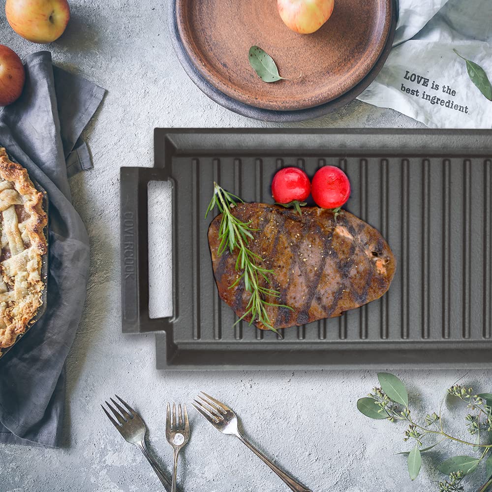 COVERCOOK Griddle Pan, Cast Iron Grill Hot Plate, Rectangular Grill, 2 handles with Ridged Surface for Induction Electric Cooktop，16 x 9inch