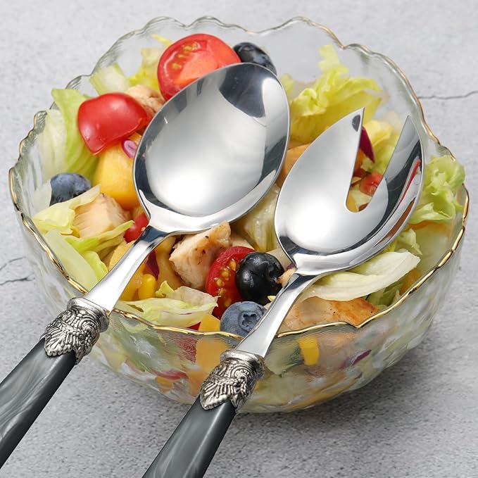 CATHYLIN 2-piece Salad Servers Stainless Steel Salad Serving Set Salad Fork and Spoon (Grey)