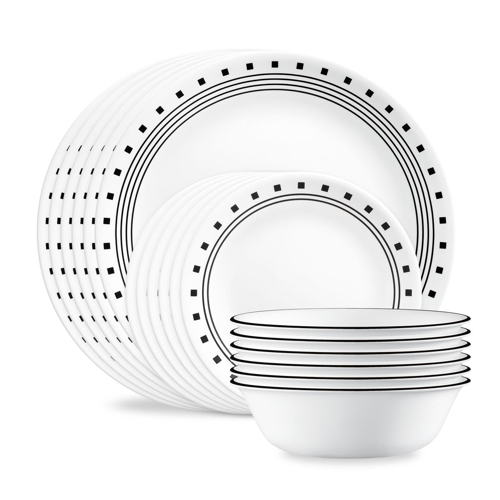 Corelle Vitrelle 18-Piece Service for 6 Dinnerware Set Triple Layer Glass and Chip Resistant, Lightweight Round Plates and Bowls Set, City Block