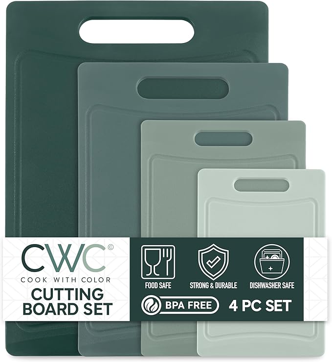 COOK WITH COLOR Non-Slip Cutting Board Set – Kitchen Essentials with Easy Grip Handle for Meat, Veggies, and Fruits, 4 Cutting Boards, Mint